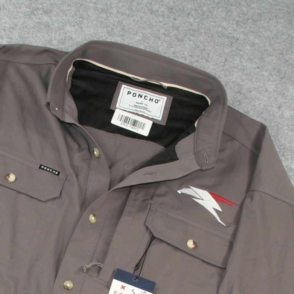 Poncho Mens Fishing Shirt Large Gray Vented Magnetic Pockets Long Sleeve NWT